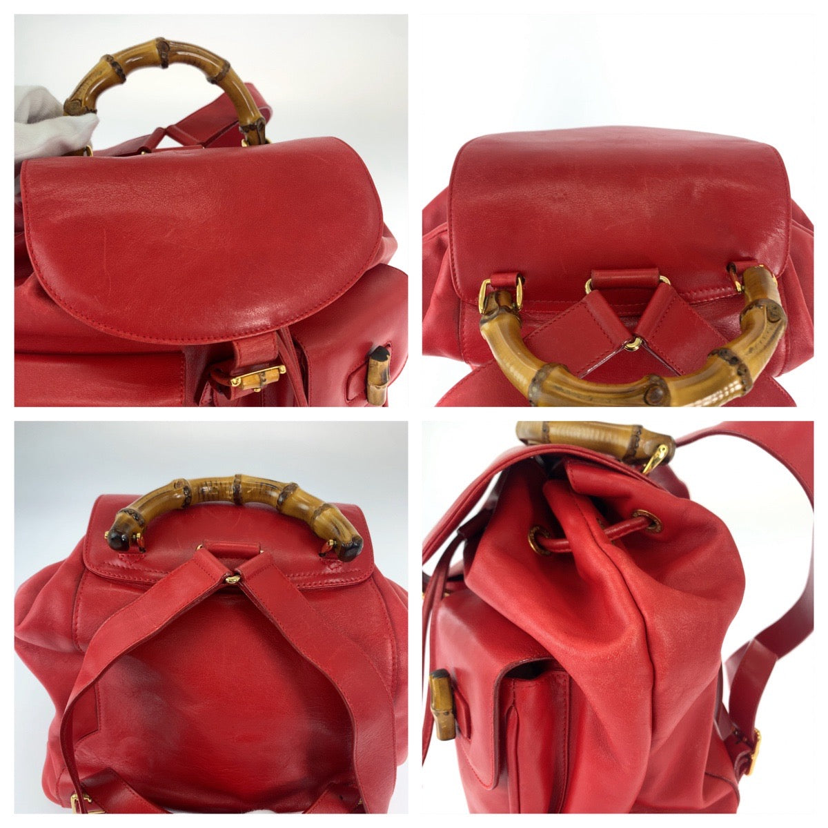 Gucci Bamboo Leather Backpack Red Gold Hardware