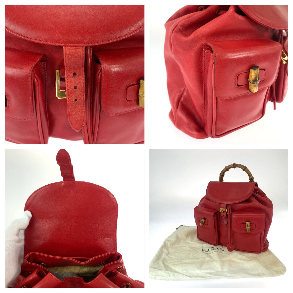 Gucci Bamboo Leather Backpack Red Gold Hardware