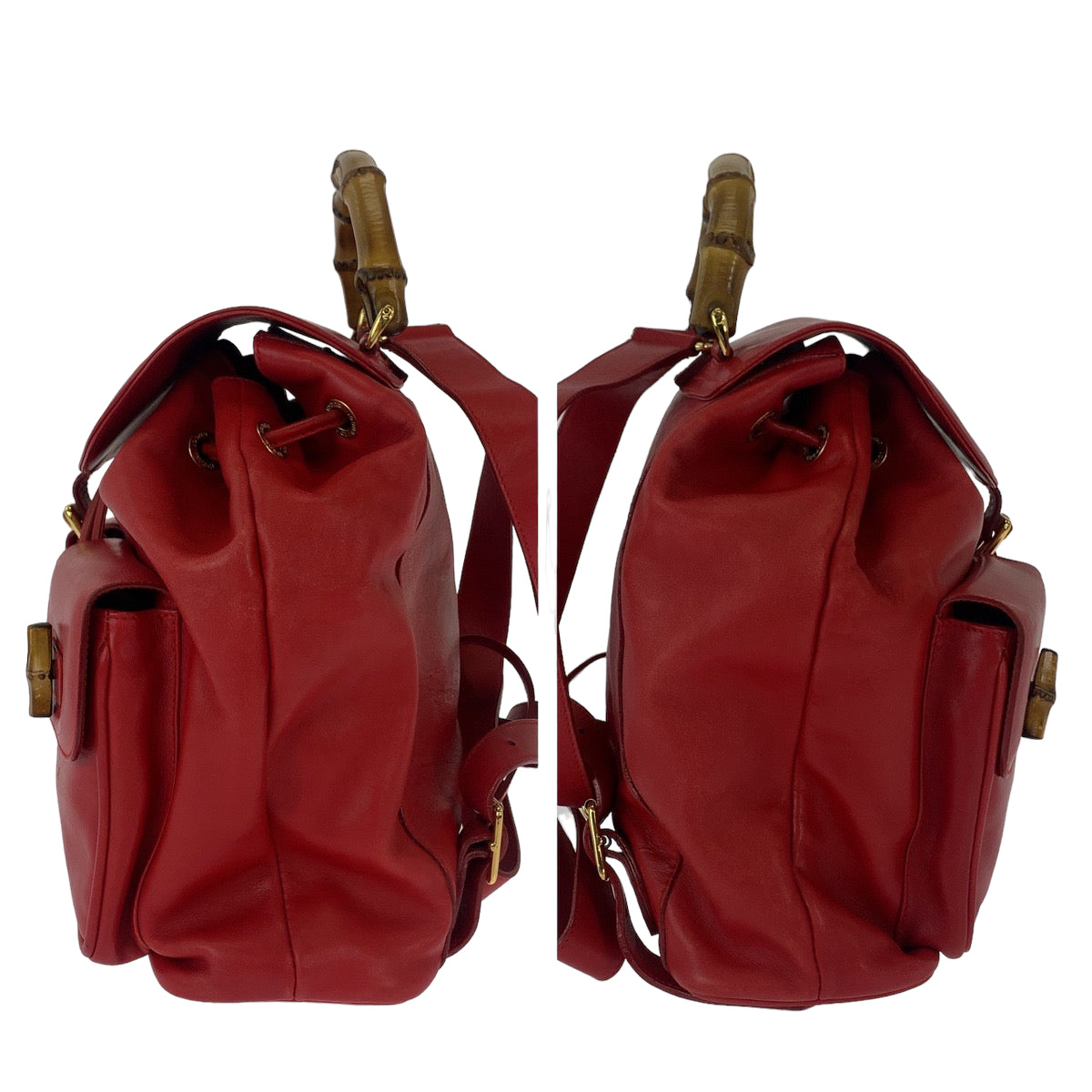 Gucci Bamboo Leather Backpack Red Gold Hardware