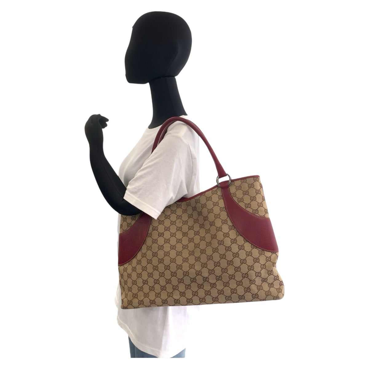 Gucci GG Canvas/Leather Brown Red Silver Hardware Tote Shoulder Bag in Very Good Condition