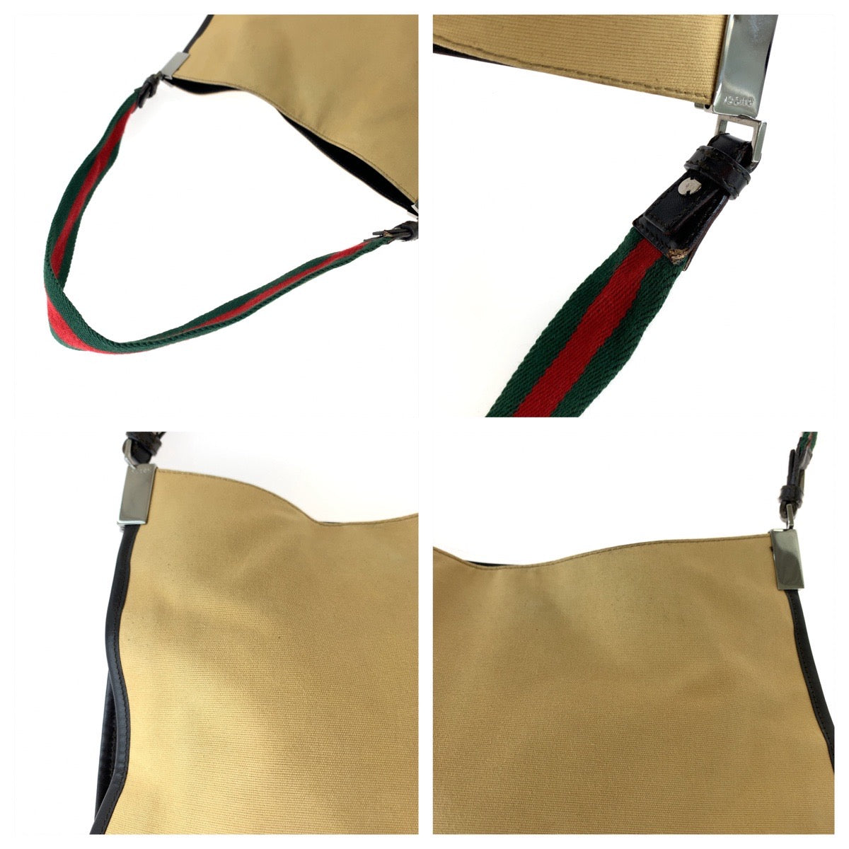 Gucci Canvas Shoulder Bag Beige Red Green Silver Hardware in Very Good Condition