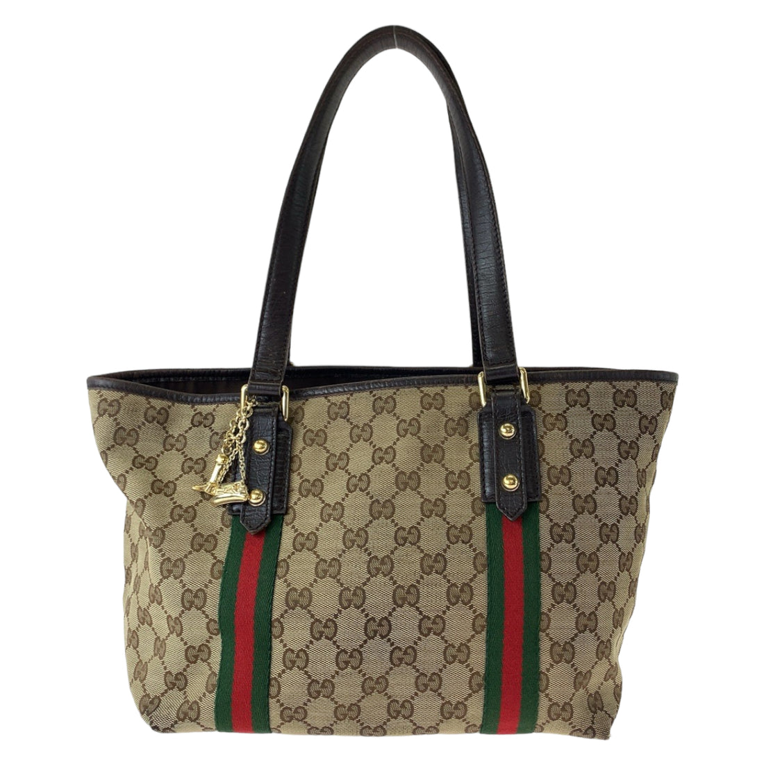 Gucci GG Canvas Brown Red Gold Tote Shoulder Bag