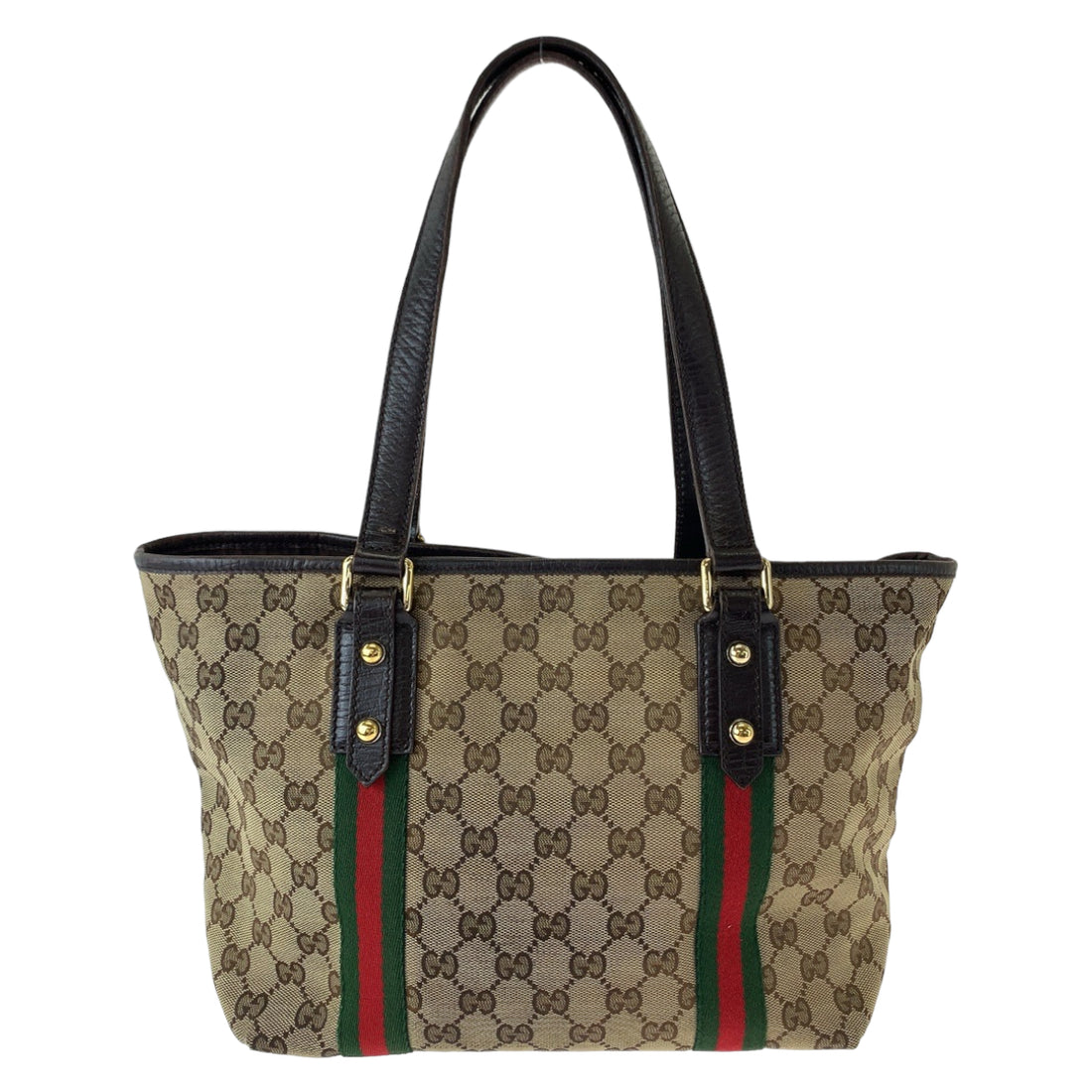 Gucci GG Canvas Brown Red Gold Tote Shoulder Bag