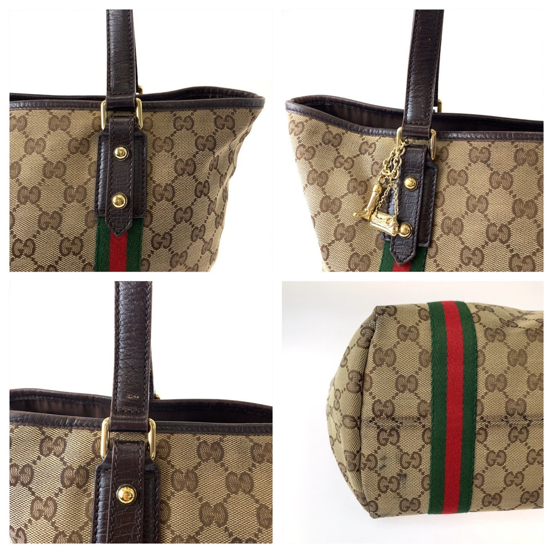 Gucci GG Canvas Brown Red Gold Tote Shoulder Bag