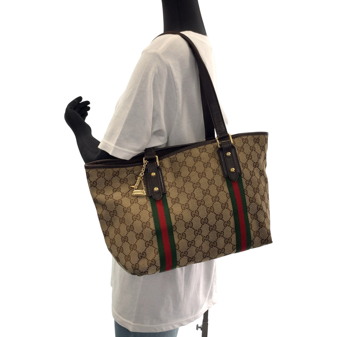 Gucci GG Canvas Brown Red Gold Tote Shoulder Bag