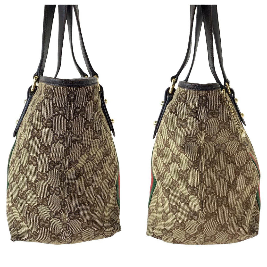 Gucci GG Canvas Brown Red Gold Tote Shoulder Bag