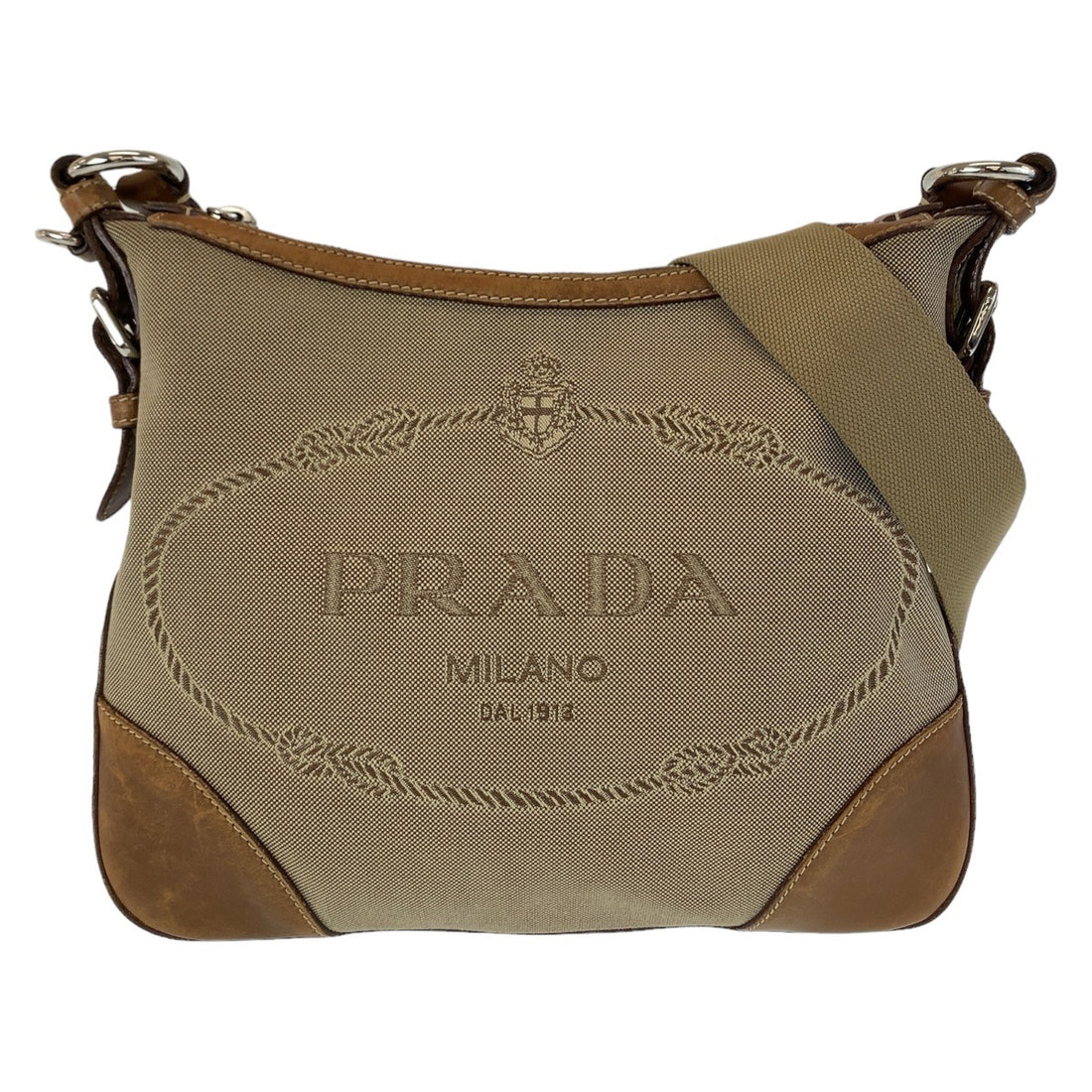 Prada Canvas Leather Logo Jacquard Shoulder Bag