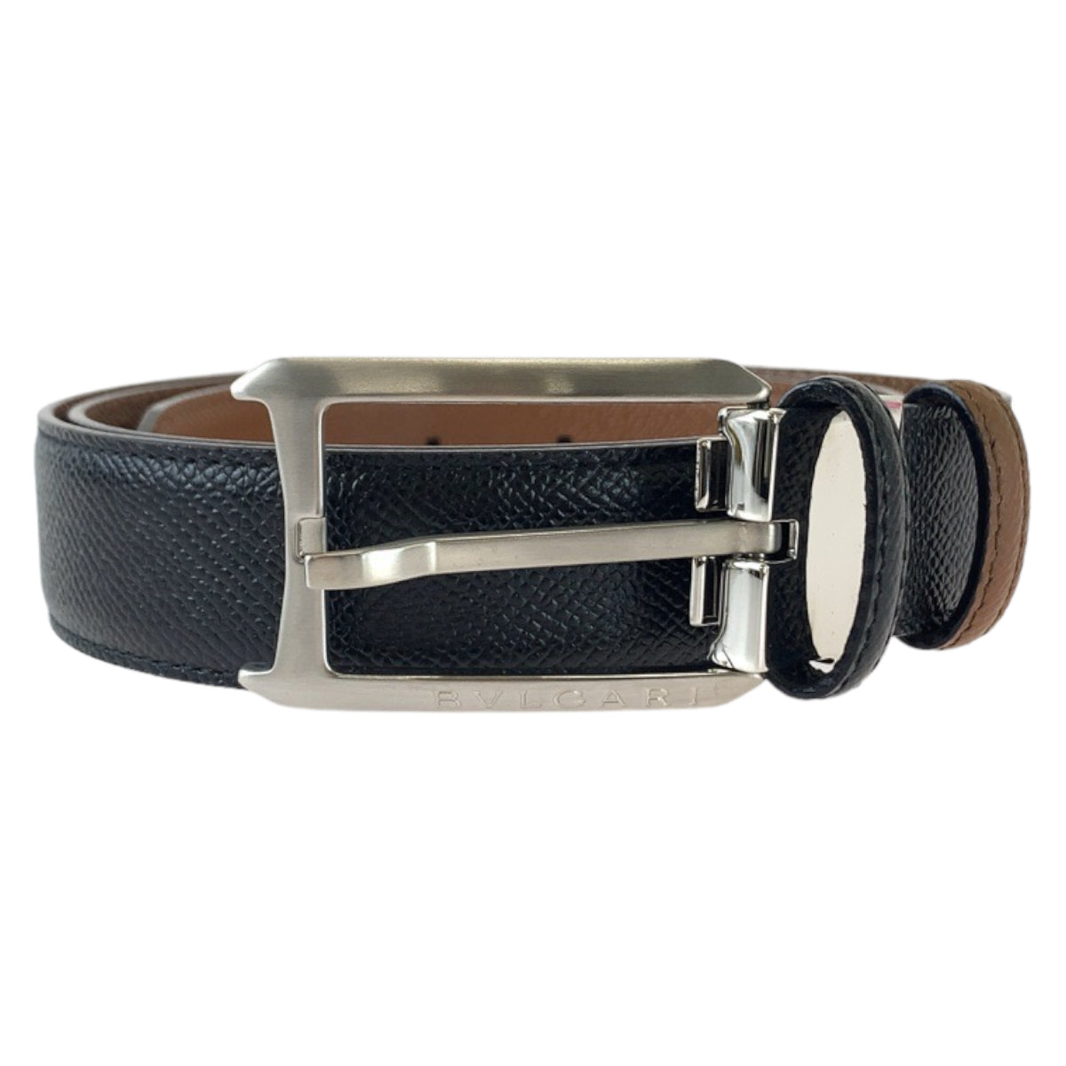 Bvlgari Leather Ellipse Black Silver Buckle Belt