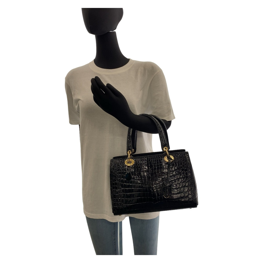 Crocodile Handbag Tote Black Gold Hardware