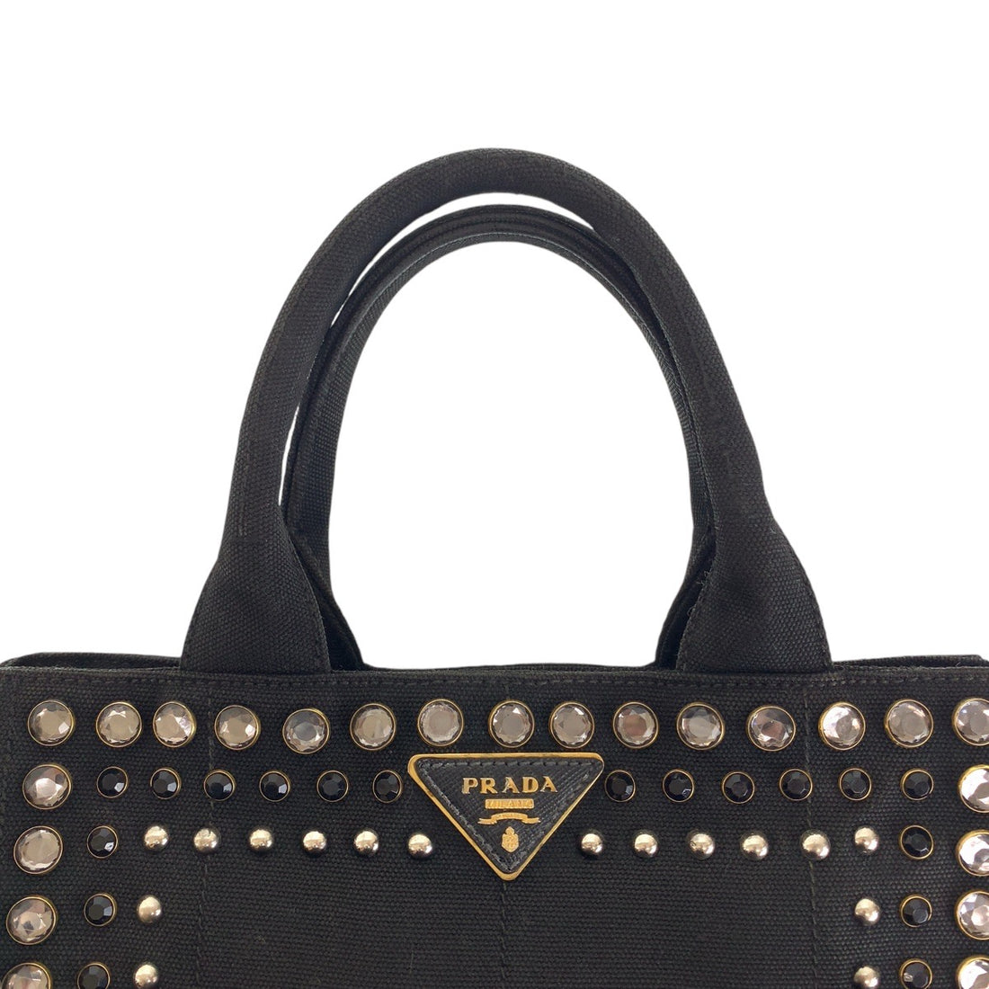 Prada Studs Bijou Canapa Canvas Tote Bag Black