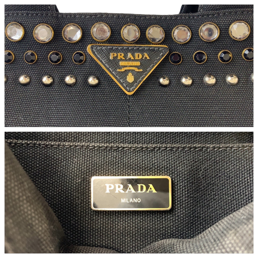 Prada Studs Bijou Canapa Canvas Tote Bag Black