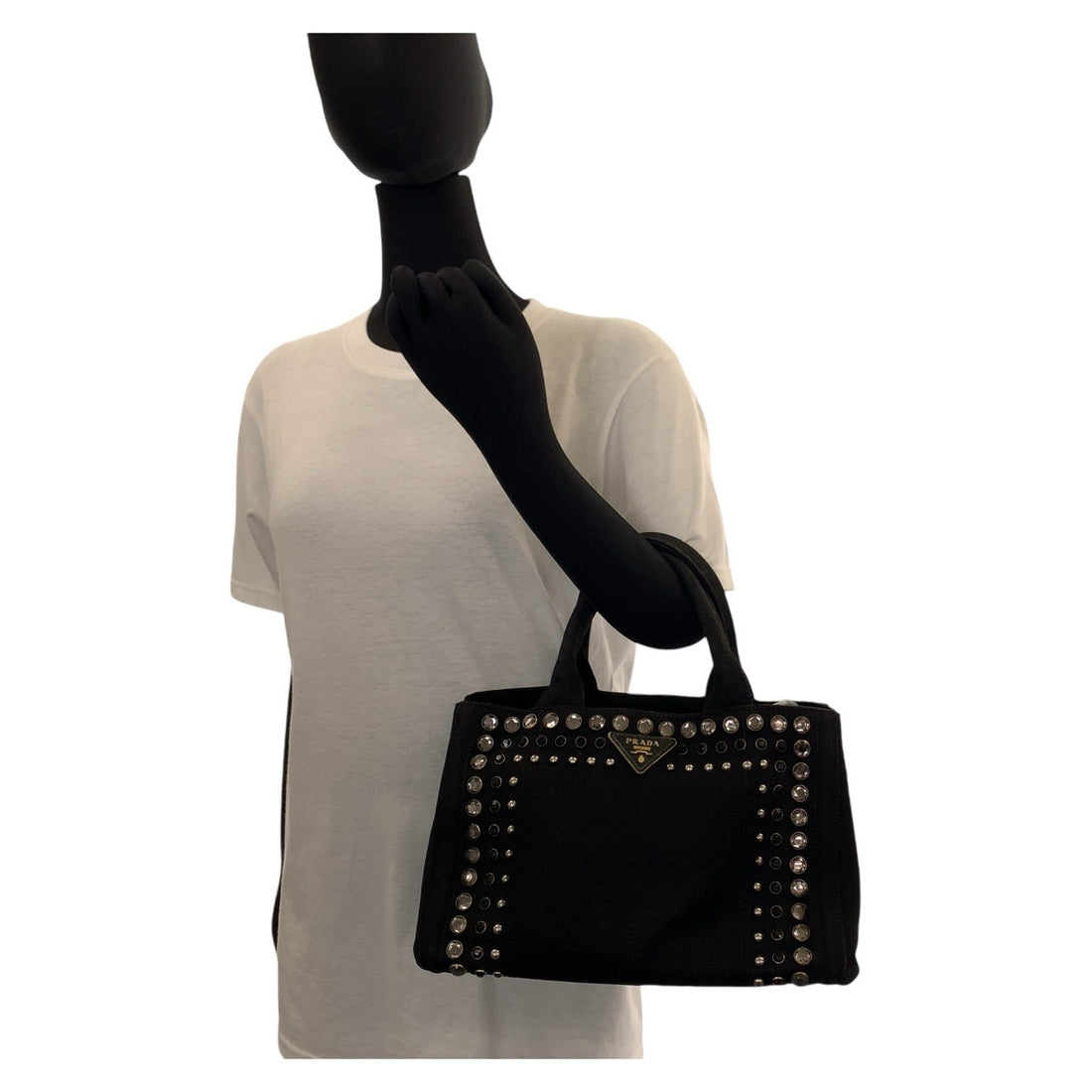 Prada Studs Bijou Canapa Canvas Tote Bag Black