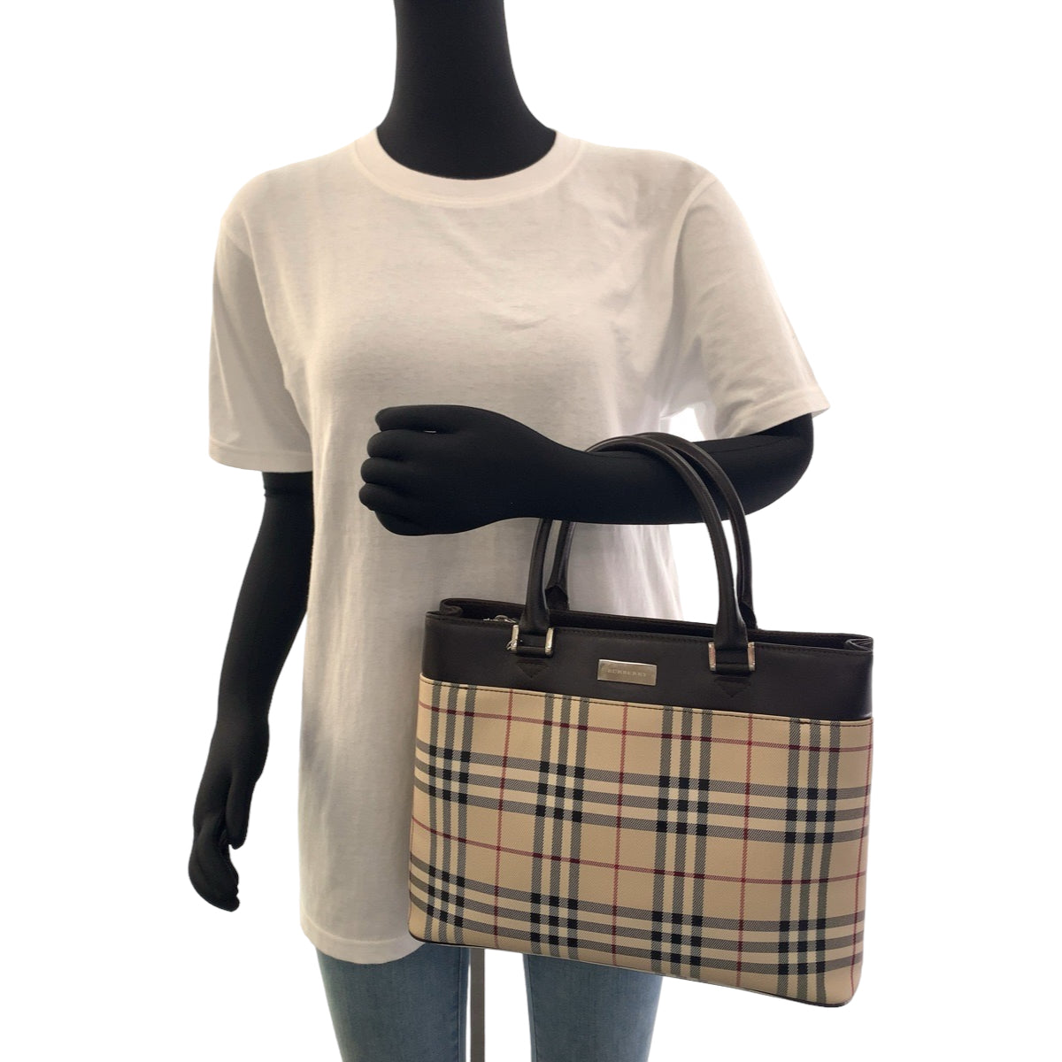 Burberry Check Canvas Leather Tote Bag