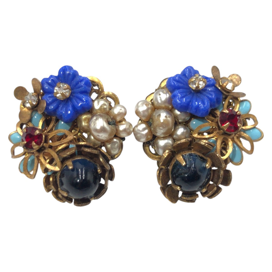 Miriam Haskell Gold Blue Metal Earrings