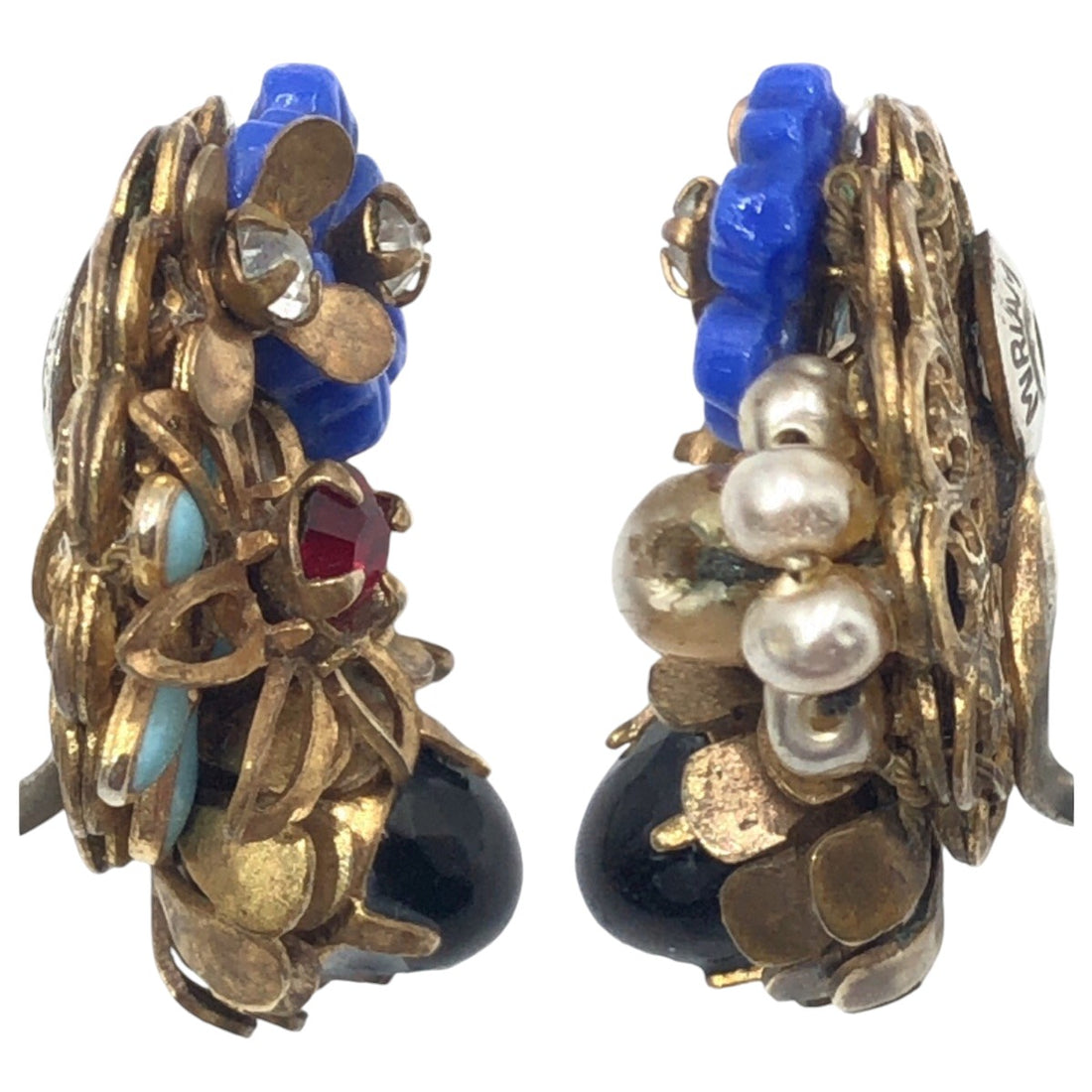 Miriam Haskell Gold Blue Metal Earrings