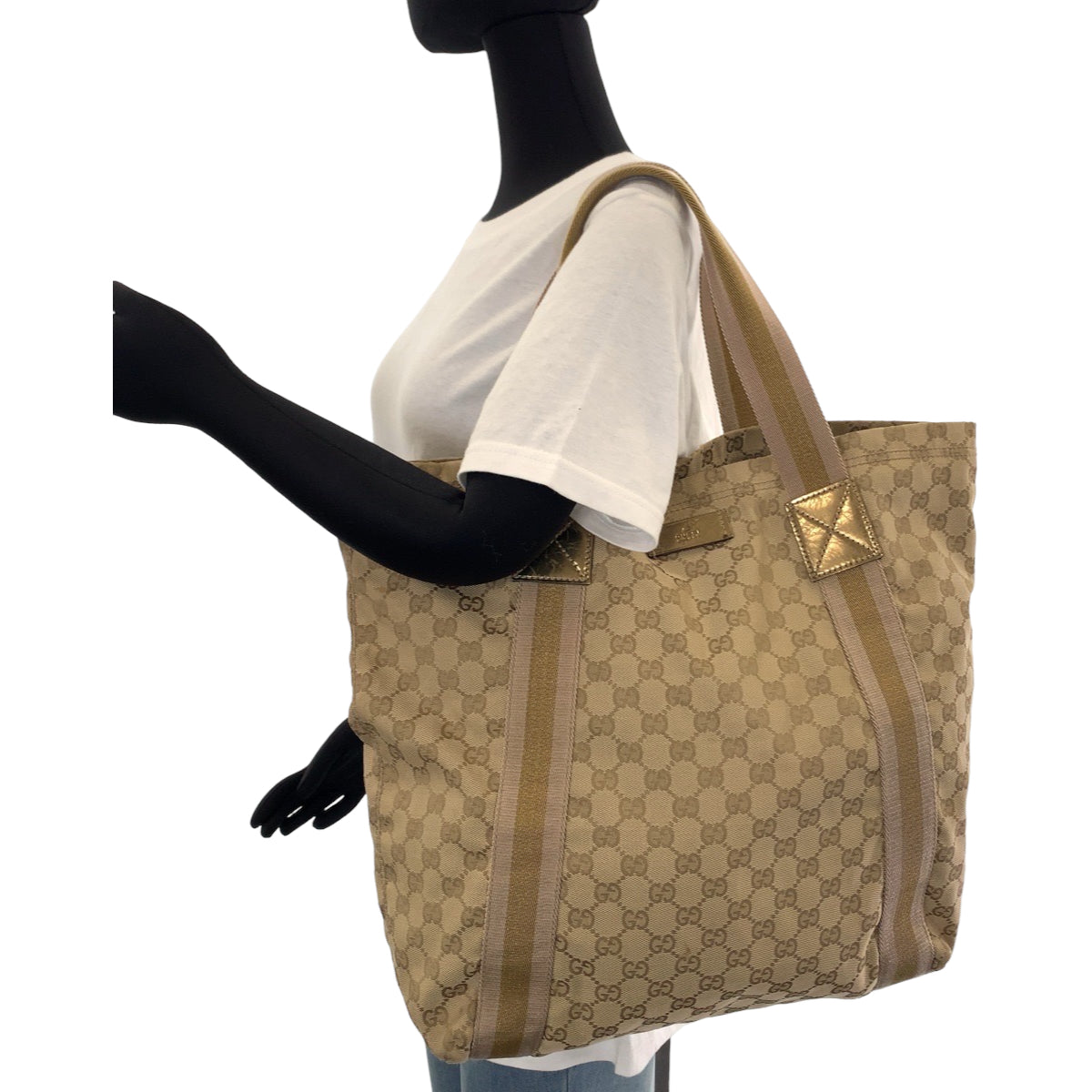 Gucci Beige Gold GG Canvas Tote Bag 189669 in Very Good Condition