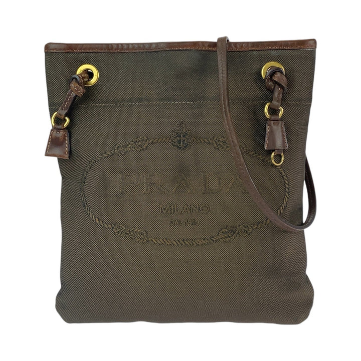 Prada Logo Jacquard Canvas Leather Shoulder Bag