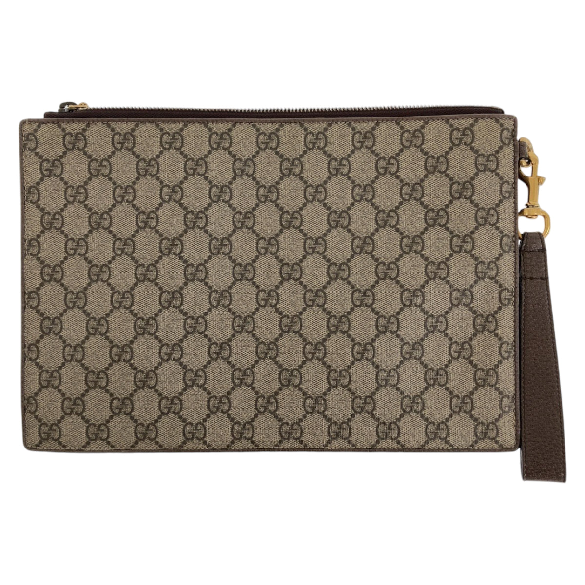 Gucci GG Supreme Canvas Leather Clutch Bag Brown Gray Multicolor Gold Hardware in Very Good Condition