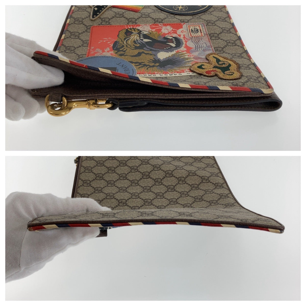 Gucci GG Supreme Canvas Leather Clutch Bag Brown Gray Multicolor Gold Hardware in Very Good Condition