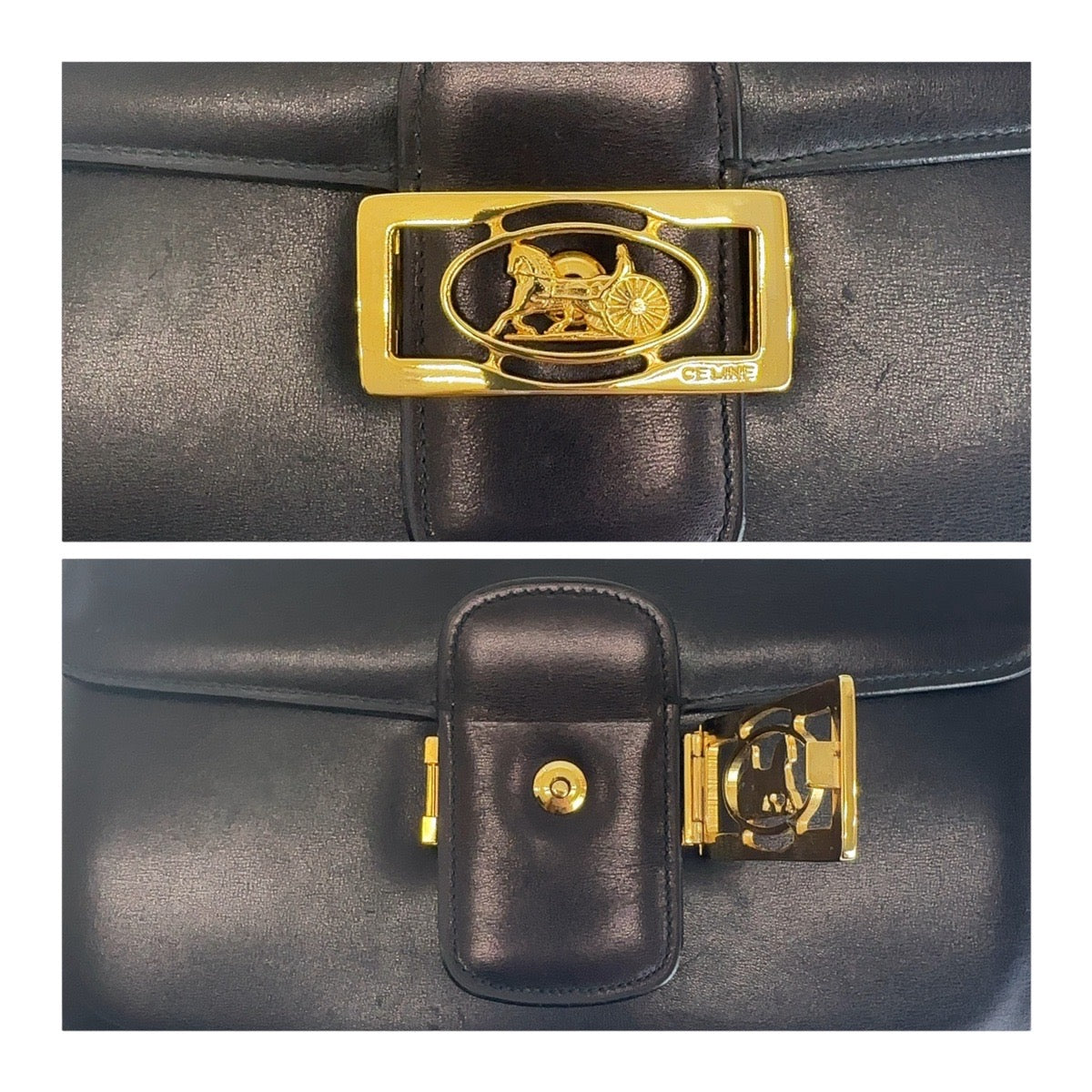 Celine Vintage Leather Shoulder Bag Black Gold