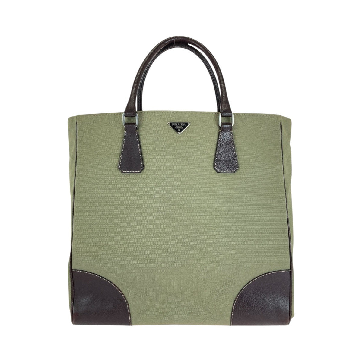 Prada Canvas Leather Triangle Logo Tote Bag