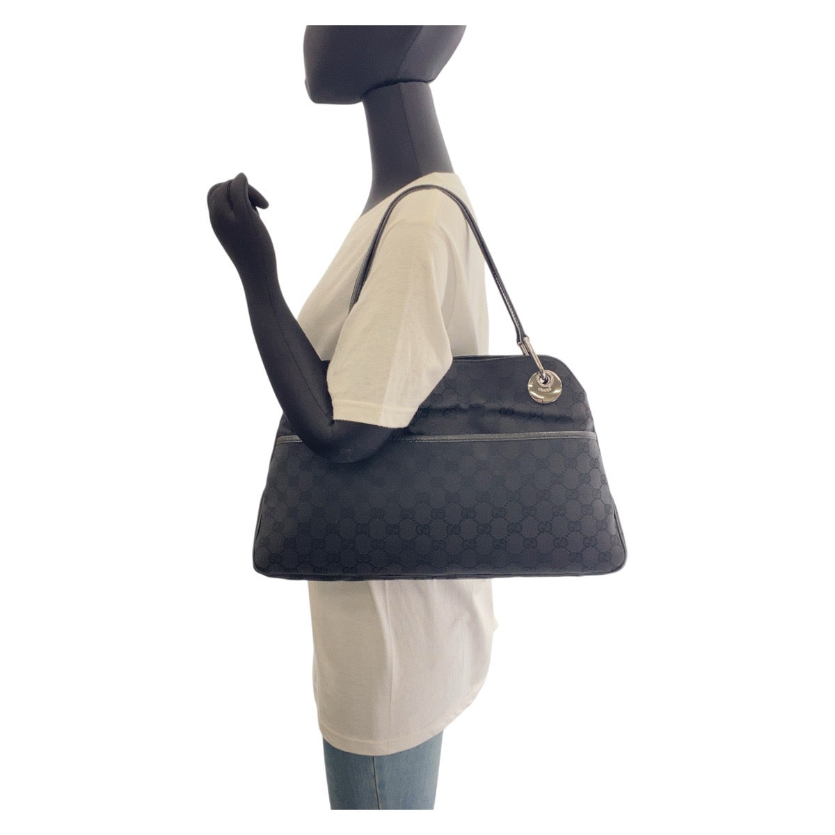 Gucci Black GG Canvas Leather Tote Bag