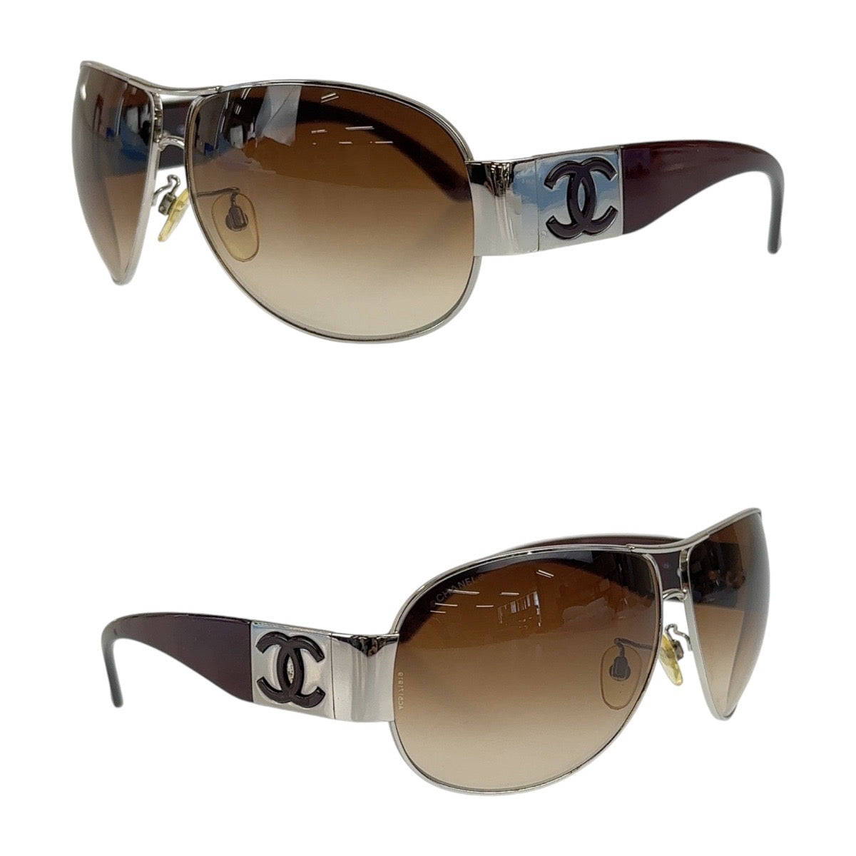 Chanel Coco Mark Plastic Sunglasses Brown Silver