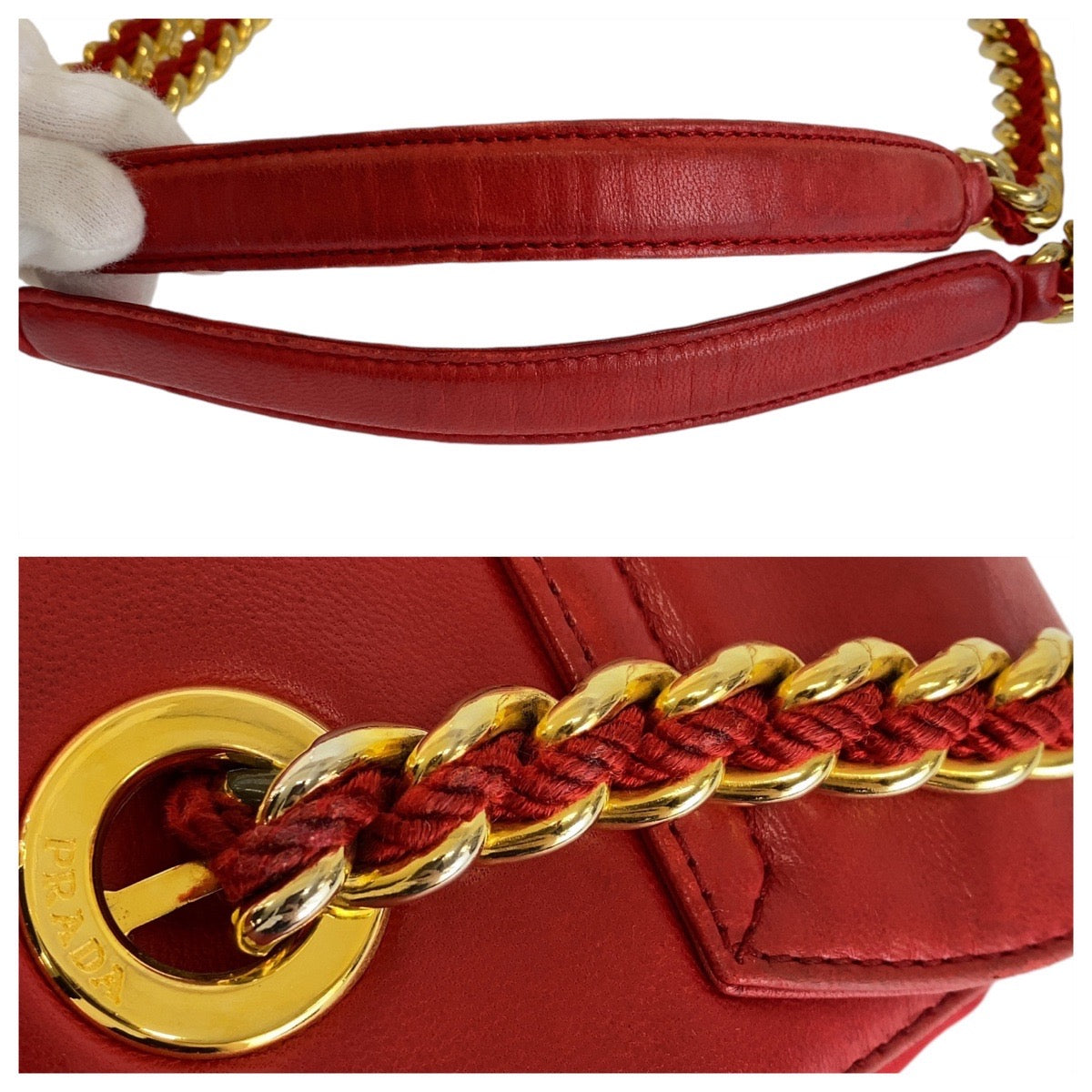 Prada Vintage Red Leather Chain Shoulder Bag