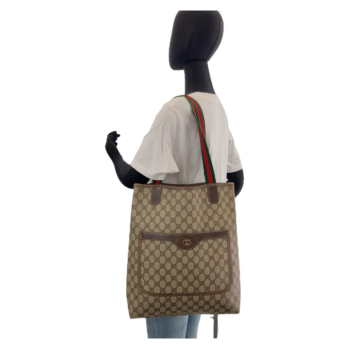 Gucci GG Supreme Canvas Leather Tote Shoulder Bag in Very Good Condition