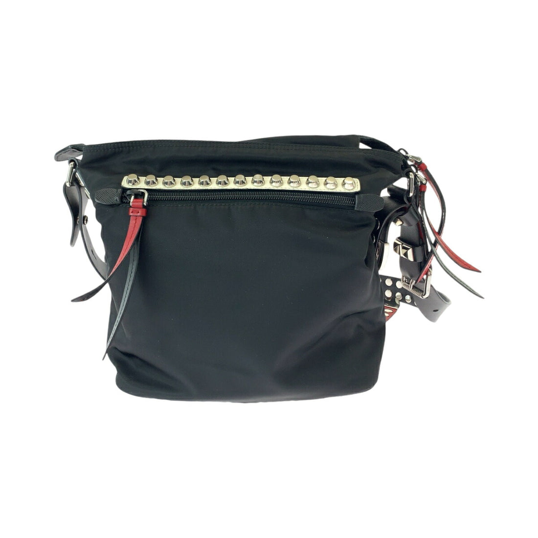 Prada Nylon Tessuto Logo Studded Shoulder Bag