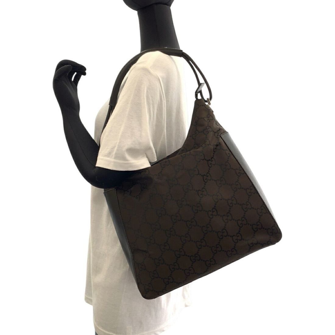 Gucci Nylon Shoulder Bag Brown Silver Hardware