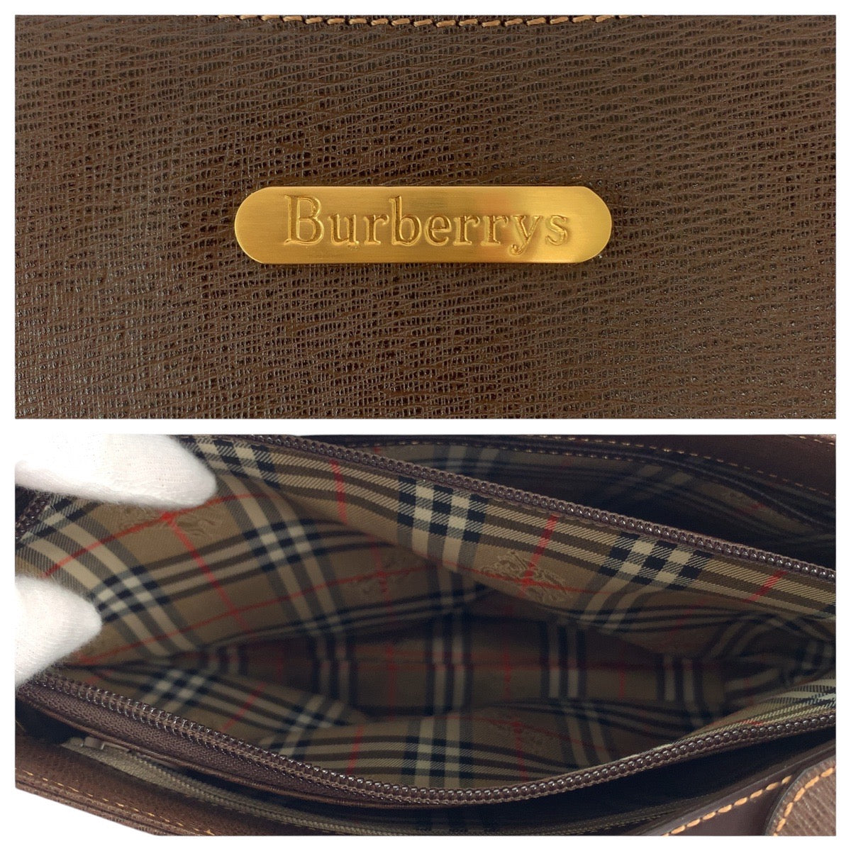 Burberry Leather Brown Check Hobo Shoulder Bag