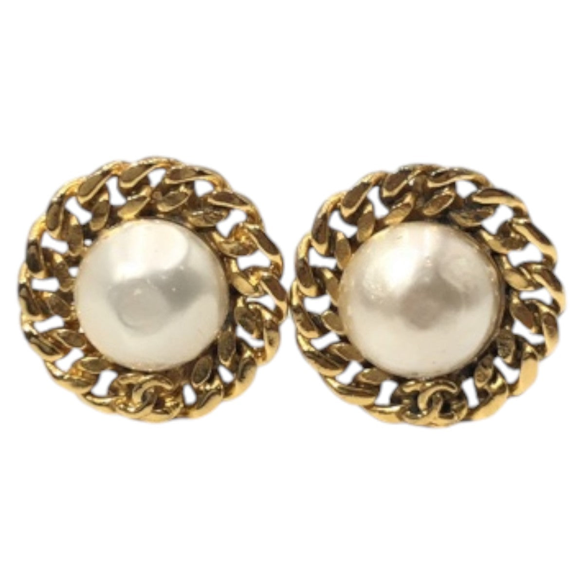 Chanel Vintage Chain Metal Faux Pearl Earrings