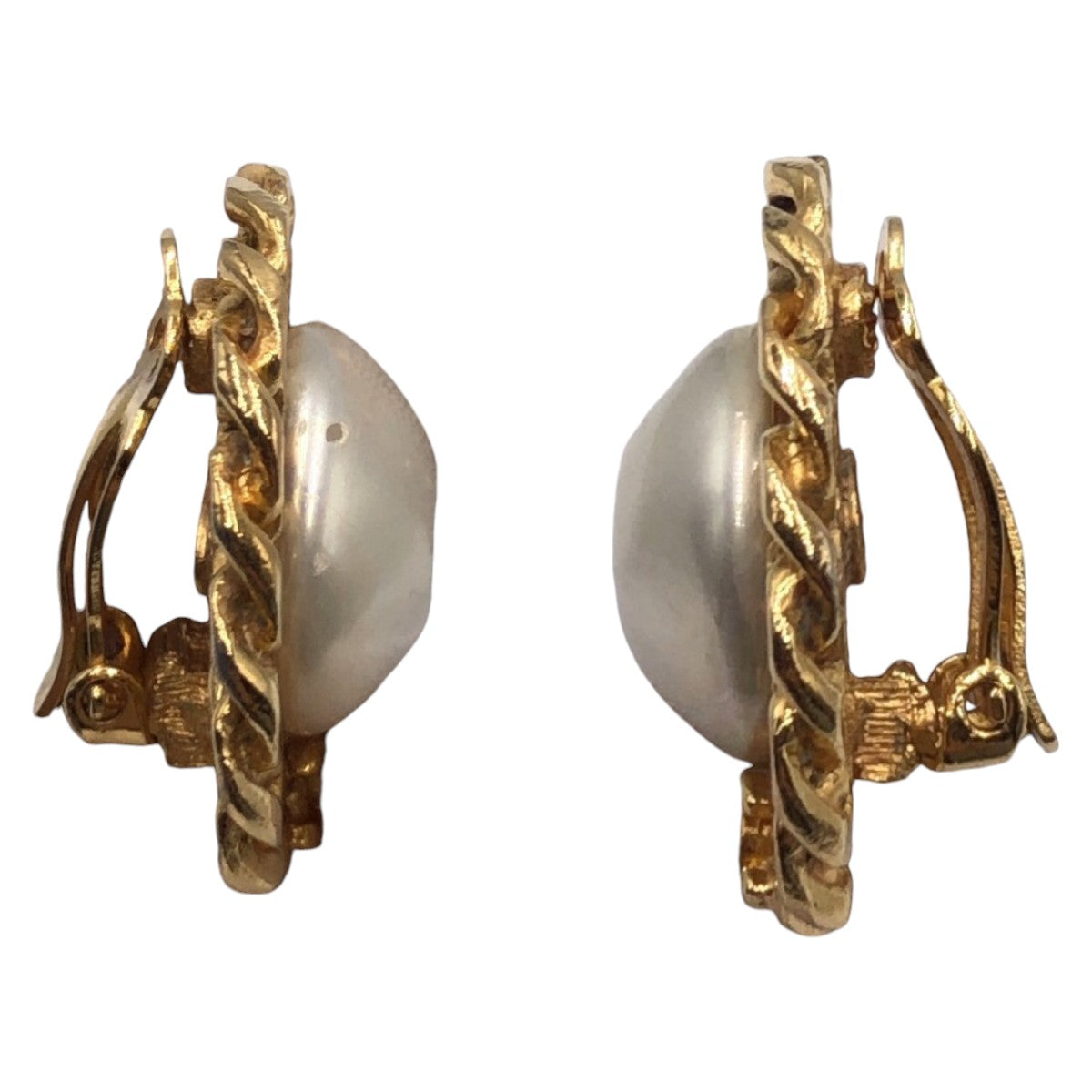 Chanel Vintage Chain Metal Faux Pearl Earrings