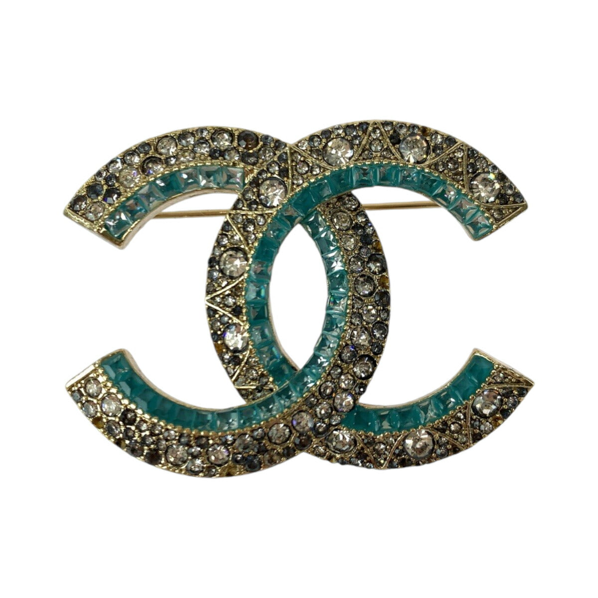 Chanel Coco Mark Gold Blue Rhinestone Brooch