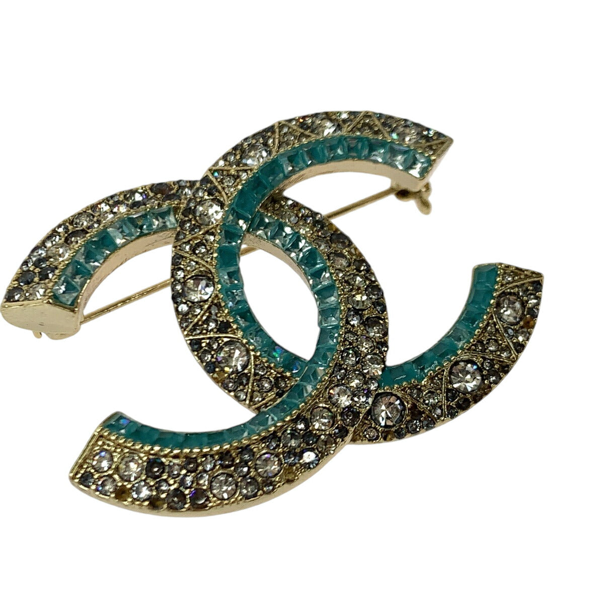 Chanel Coco Mark Gold Blue Rhinestone Brooch