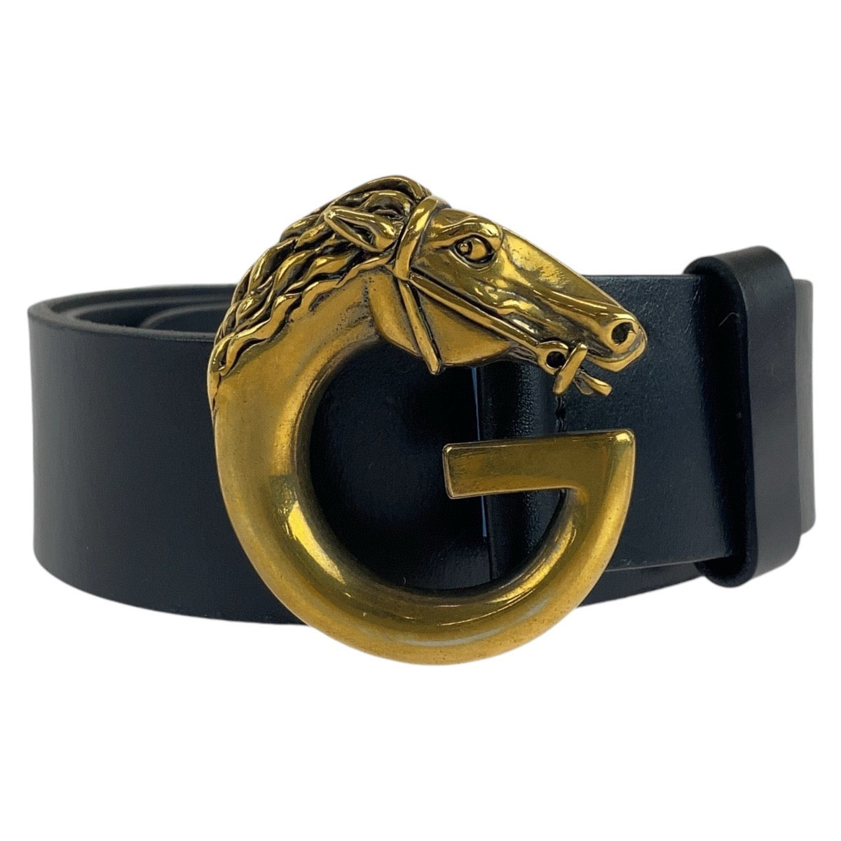 Gucci Leather Horse Belt Black Gold