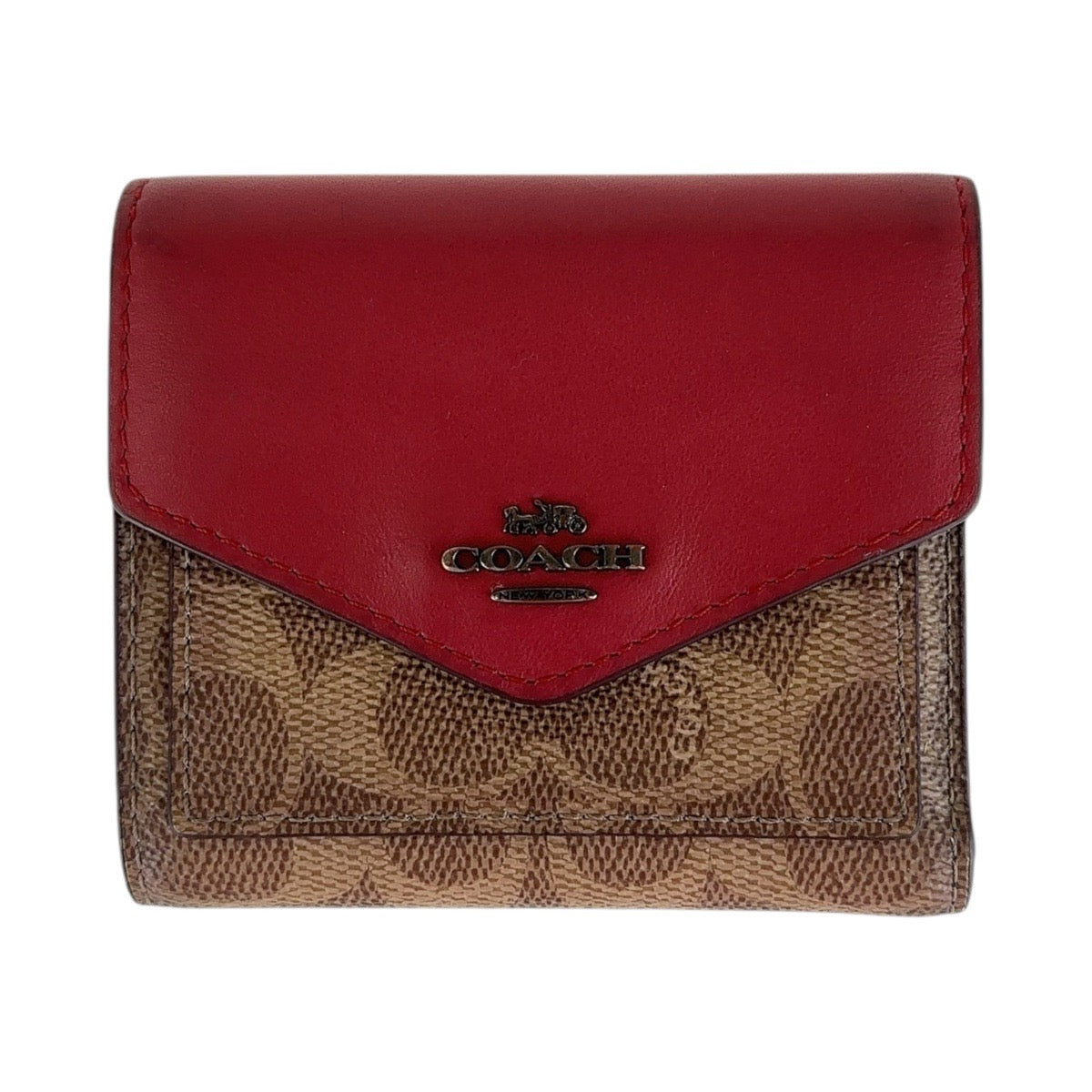 Coach Signature Red Brown Compact Wallet