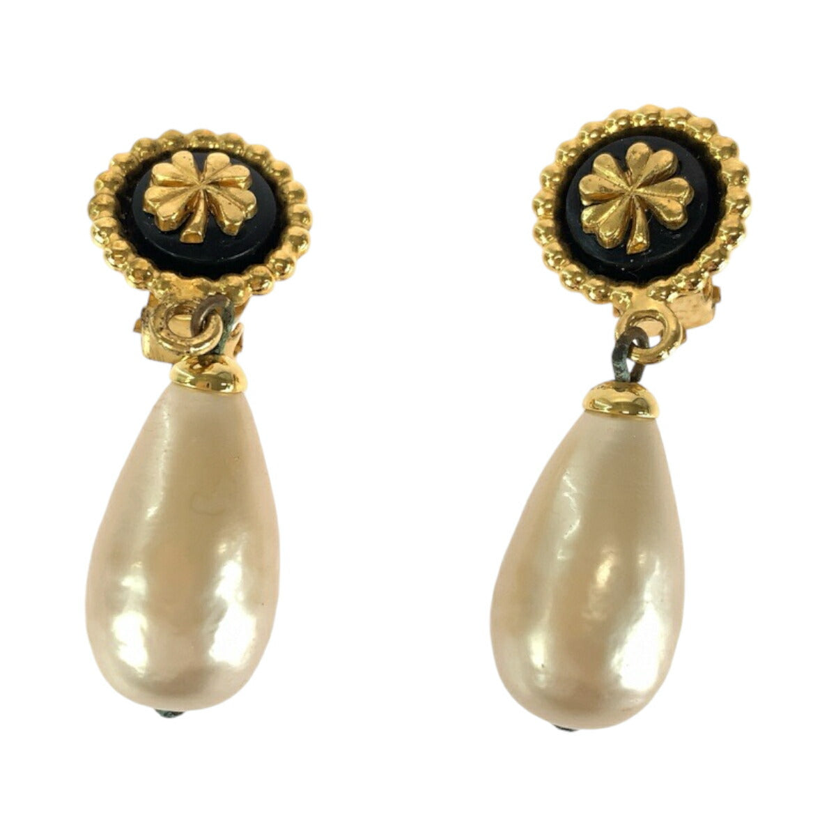 Chanel Vintage Camellia Black Gold Plated Faux Pearl Earrings