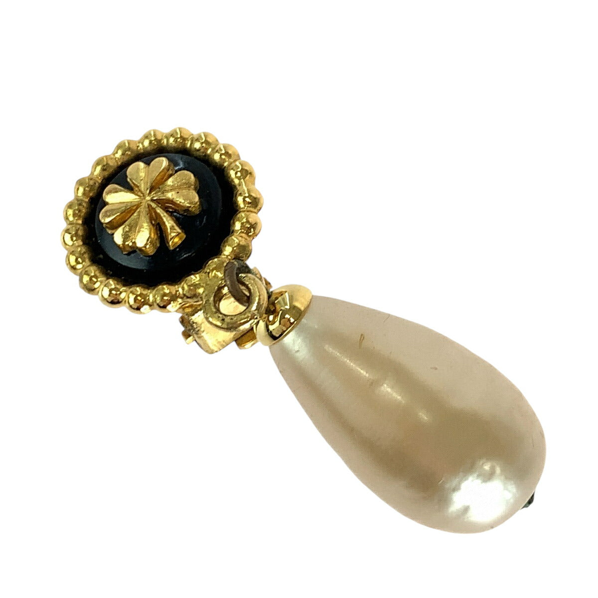 Chanel Vintage Camellia Black Gold Plated Faux Pearl Earrings