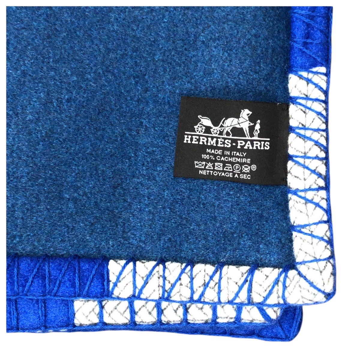 Hermes Cheval Natte Cashmere Blanket Blue White