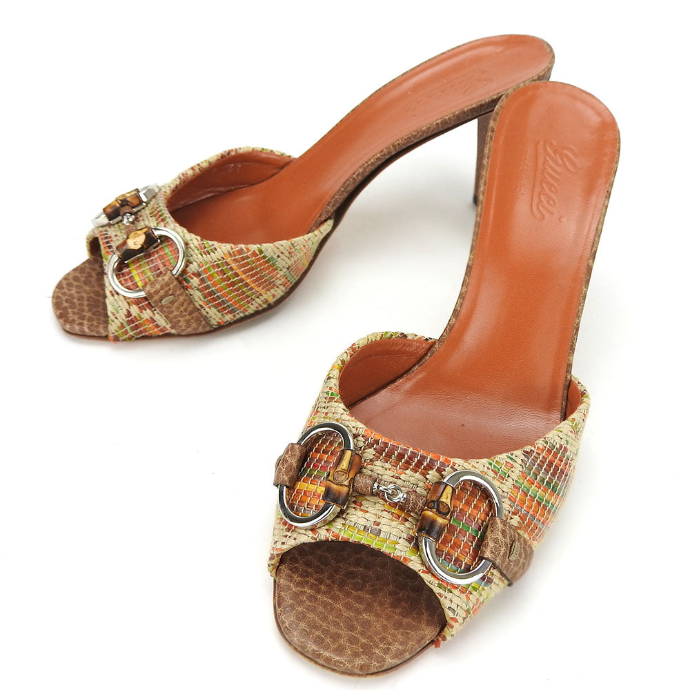 GUCCI Leather Raffia Sandals Horsebit Bamboo