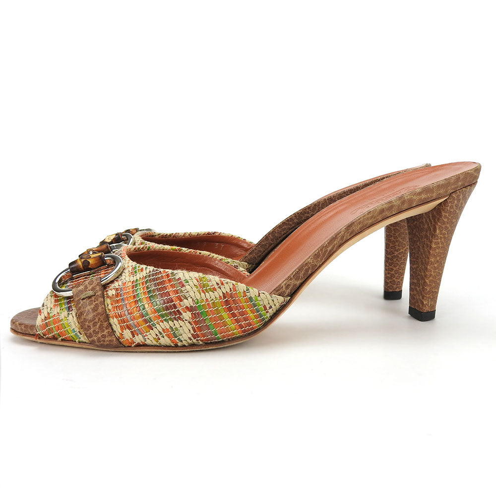 GUCCI Leather Raffia Sandals Horsebit Bamboo