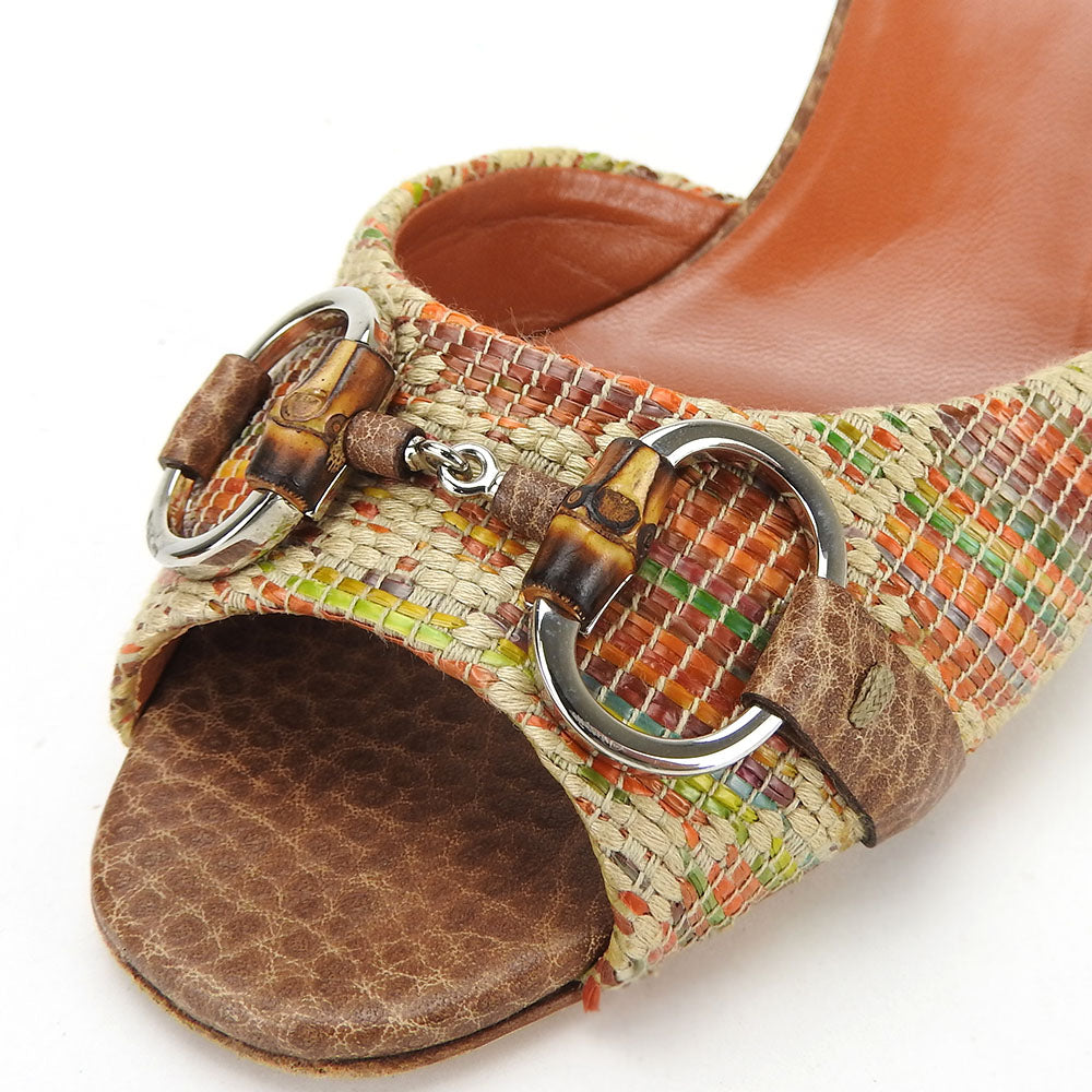 GUCCI Leather Raffia Sandals Horsebit Bamboo