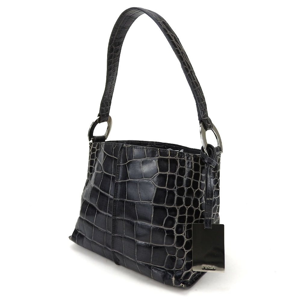 Furla Croco Embossed Leather Handbag Black