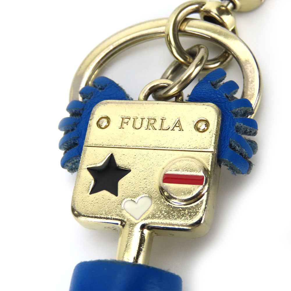 Furla Metal Leather Key Ring Blue Charm