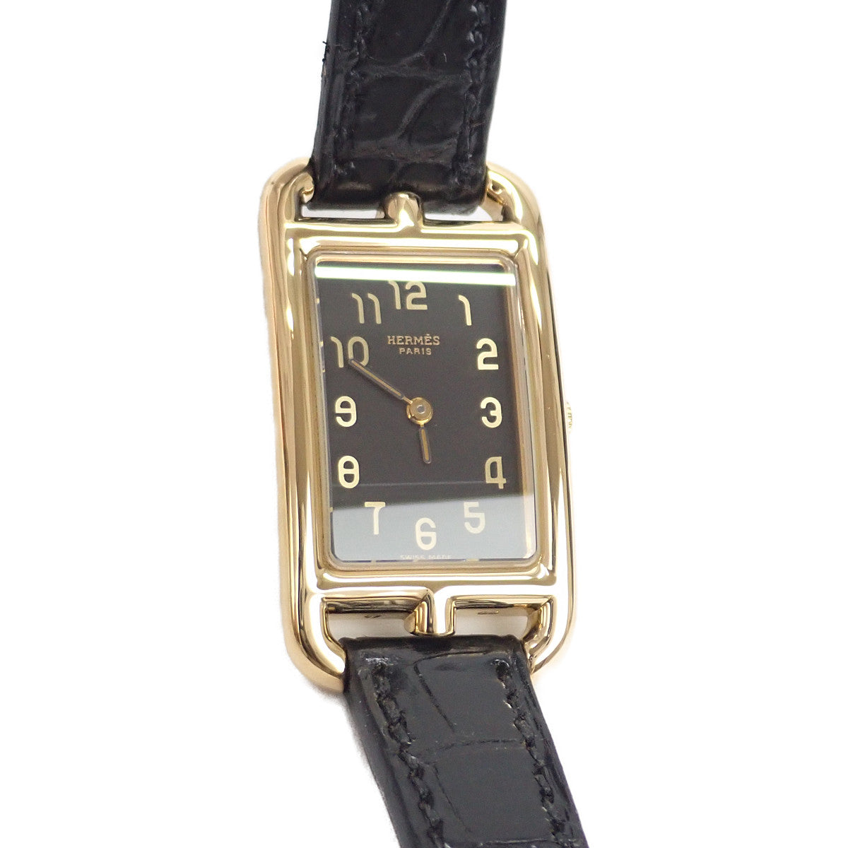 HERMES Nantucket Polosus Women's Wristwatch NA1.285, Black Dial, 18K Yellow Gold/Leather, HERMES Used NA1.285