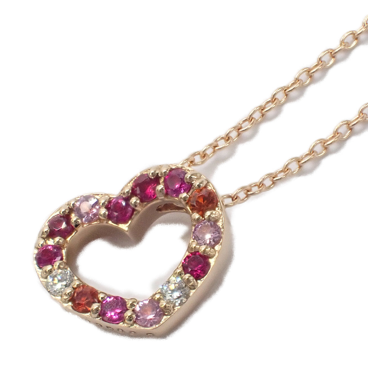 Ponte Vecchio Emozione Pompermo Heart Motif Necklace with Diamond 0.02ct, Ruby 0.03ct, Sapphire 0.09ct in K18 Pink Gold for Women (Used)