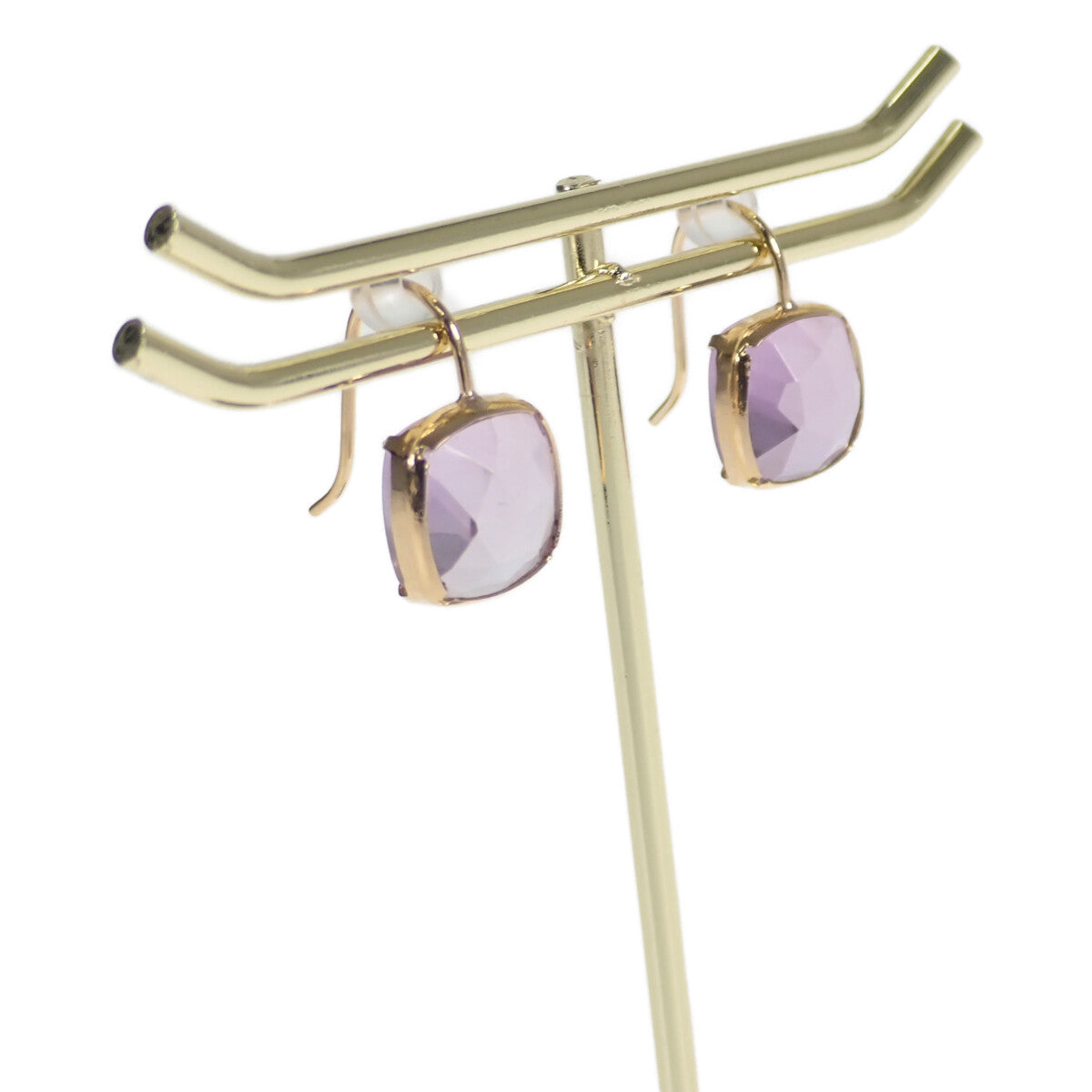 K18 Yellow Gold & Amethyst Square Design Earrings, Purple for Women - New & Unused