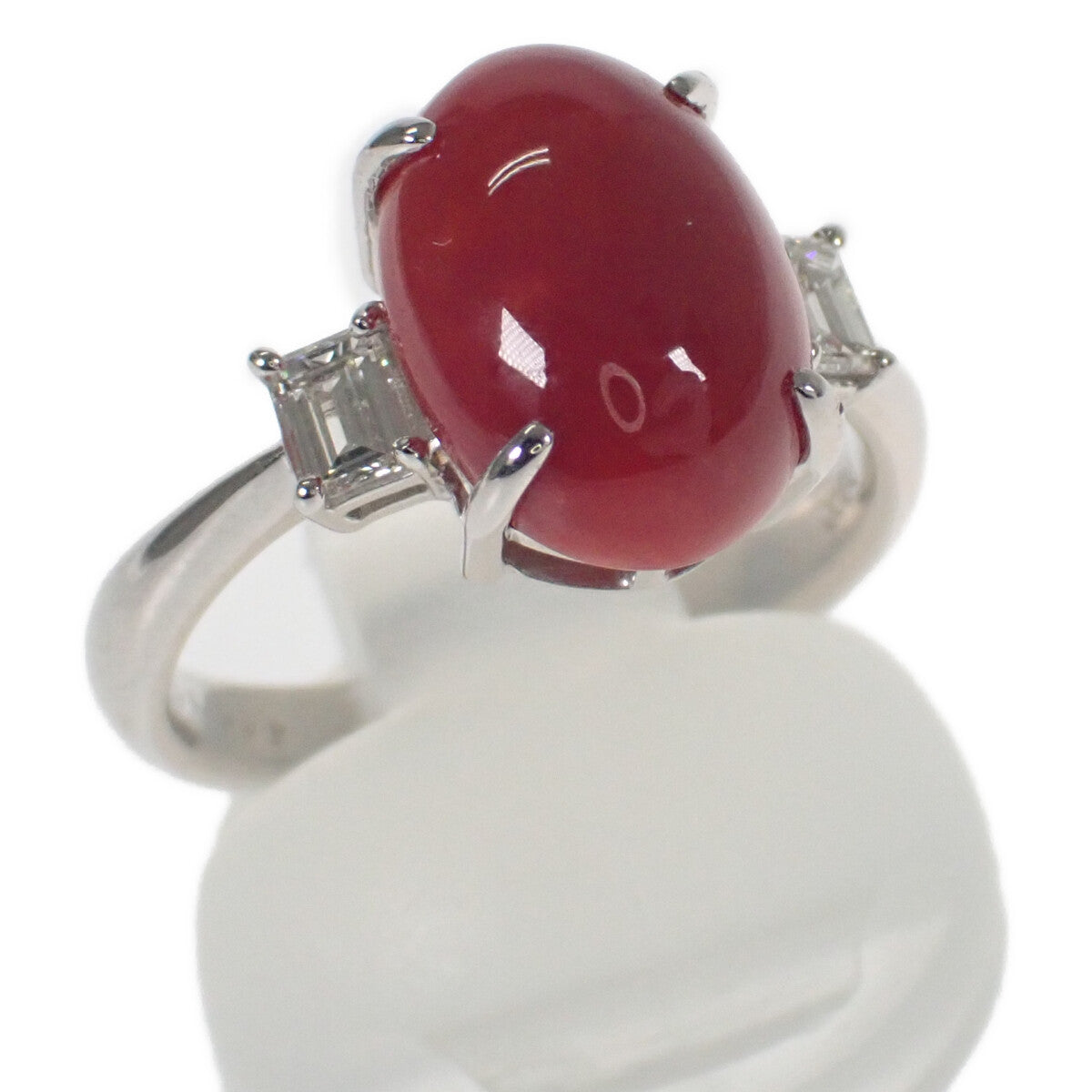 Platinum Pt900 Coral Diamond Ring with 4.46ct Coral and 0.32ct Diamond for Women
